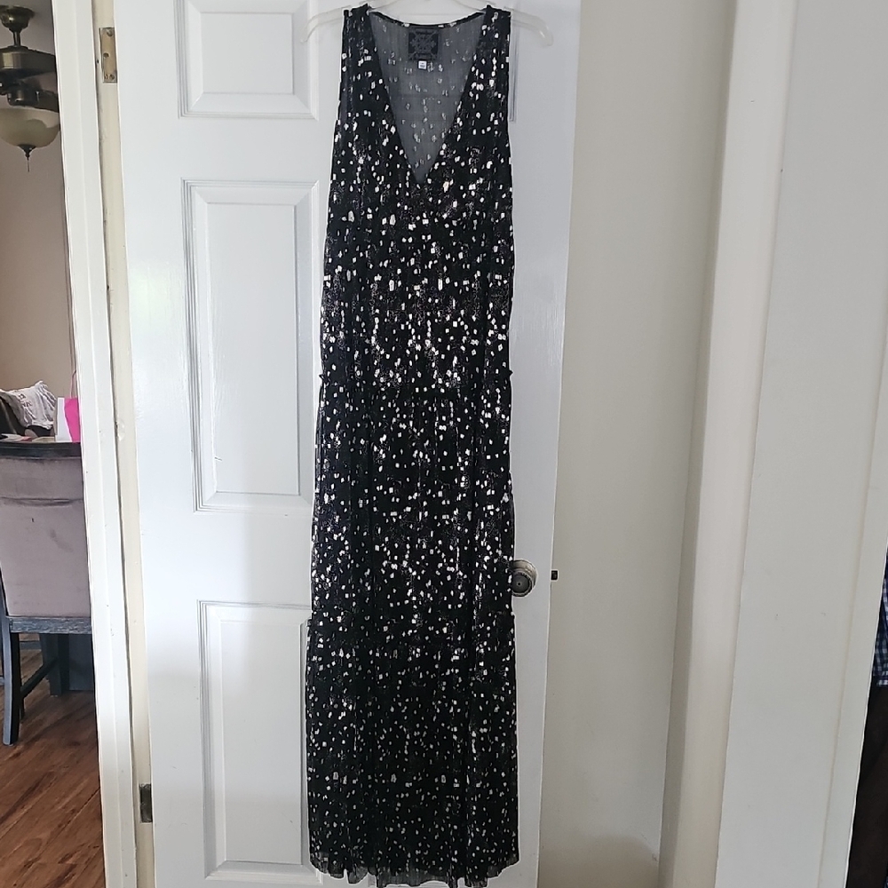 Elegant Black and Light Gold Confetti Maxi Dress Johnny Was